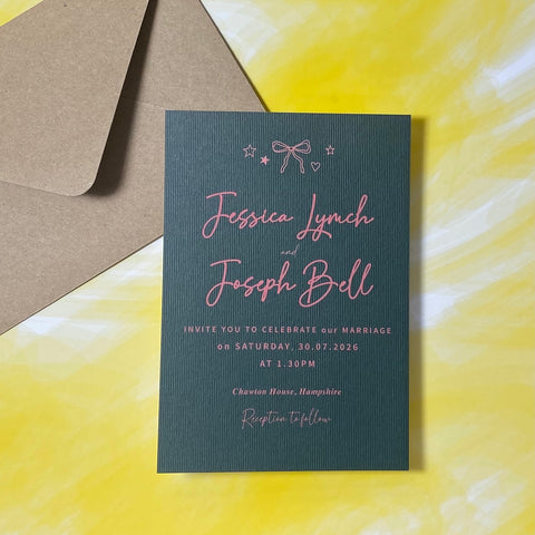 BEAUTIFUL WEDDING INVITATION WITH WHIMSICAL BOW ILLUSTRATON AND DELICATE HANDWRITTEN FONTS