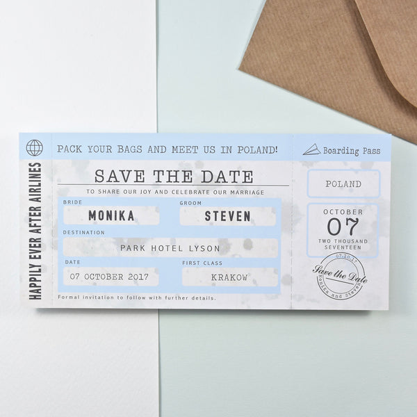Vintage Style Location Boarding Pass Save the Date