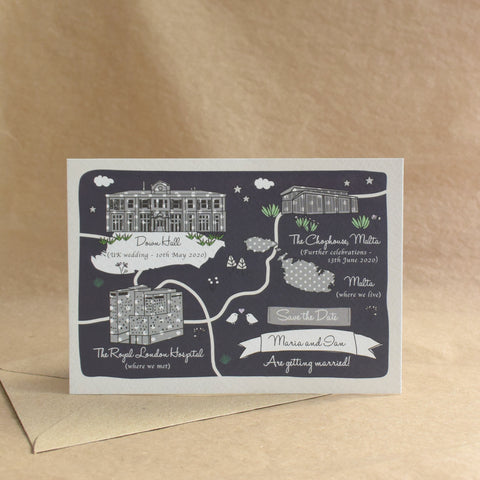 Save the Date Illustrated Bespoke Map - Navy