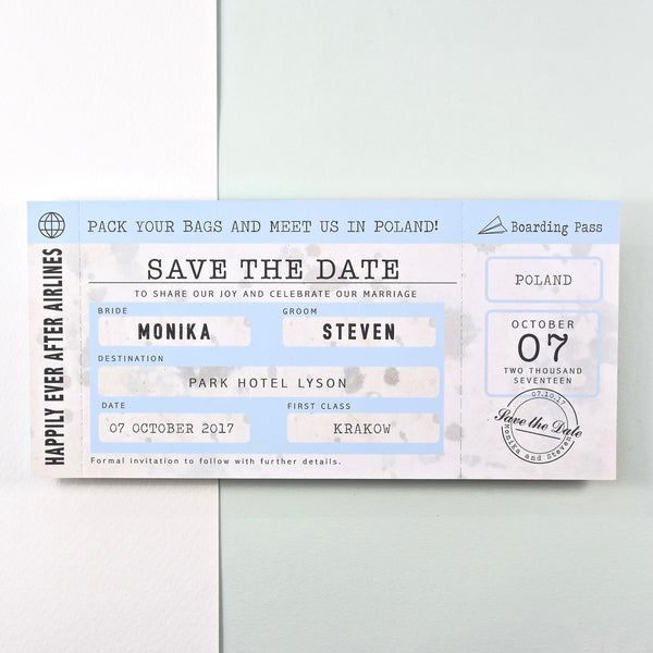 Vintage Style Location Boarding Pass Save the Date